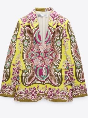 ZARA Linen Blend Statement Blazer Jacket Baroque Floral Print XXL dopamine